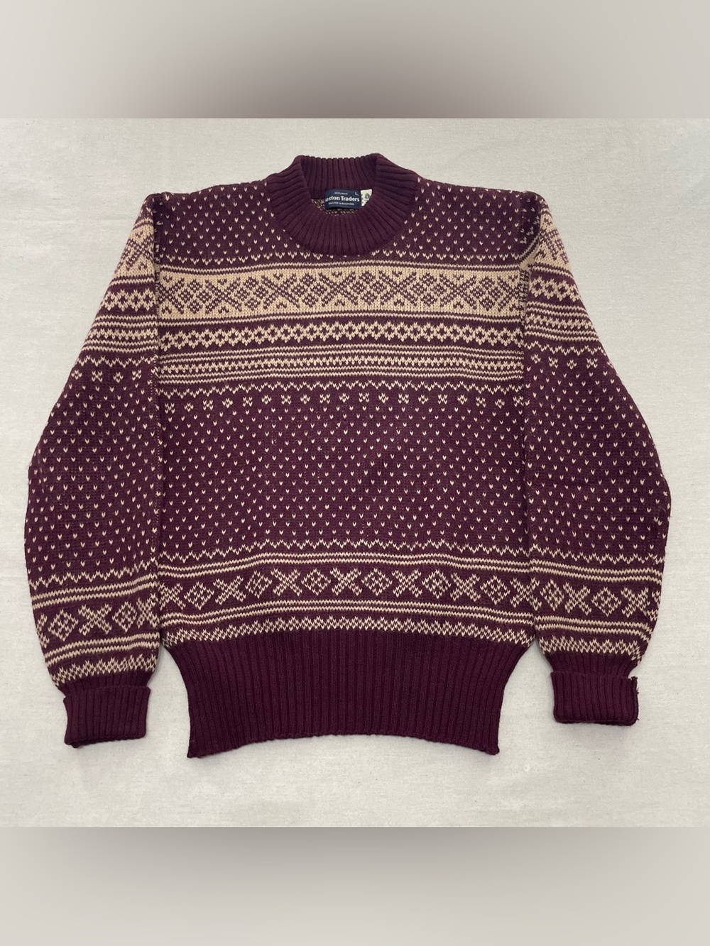 VINTAGE Boston Traders Knit Sweater Mens L Burgundy Tan Wool Fair Isle Fisherman